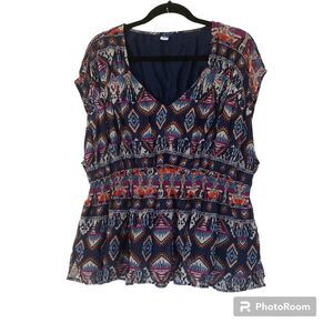 Old Navy Womens Blouse Top XL Sleeveless Lined Southwestern Aztec Gathered Flare